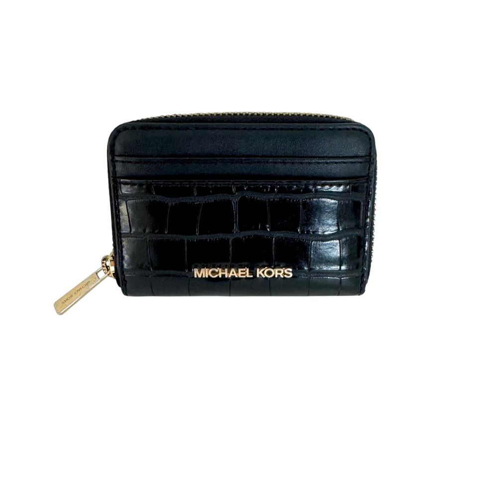 Michael Kors Empire Croc Embossed Leather Wallet Zip-Around Small Holder Black
